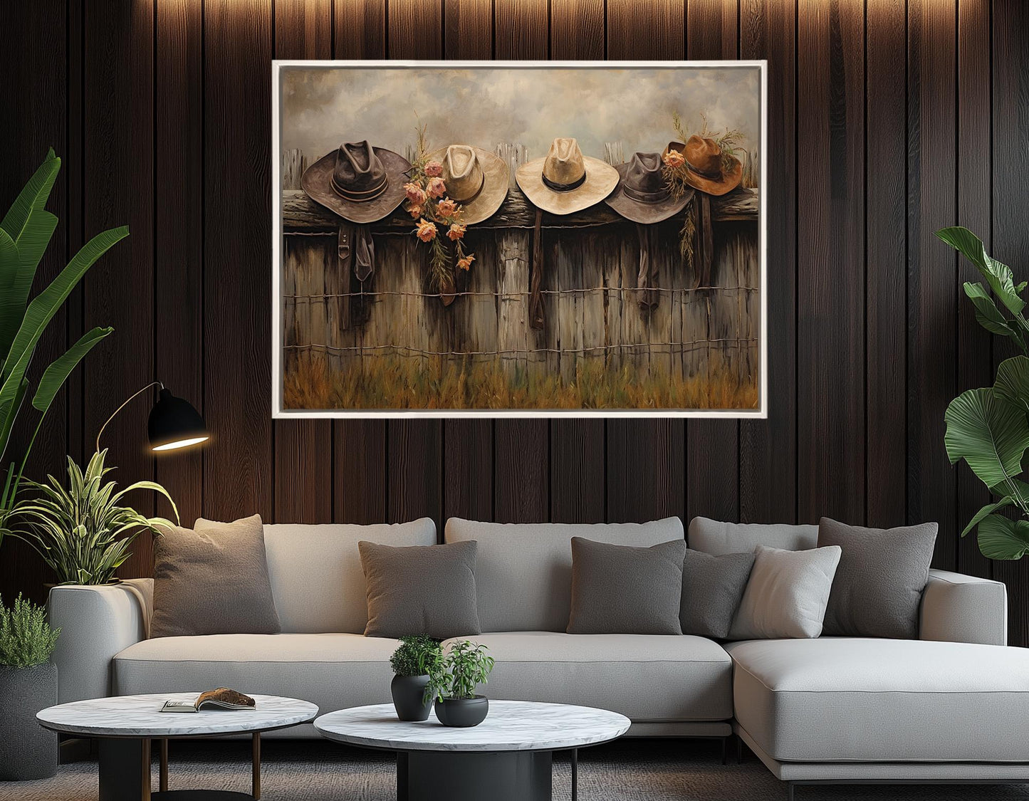 Rustic Fence Canvas Print – Farmhouse Wall Decor With Hanging Hats Artwork, Ready to Hang