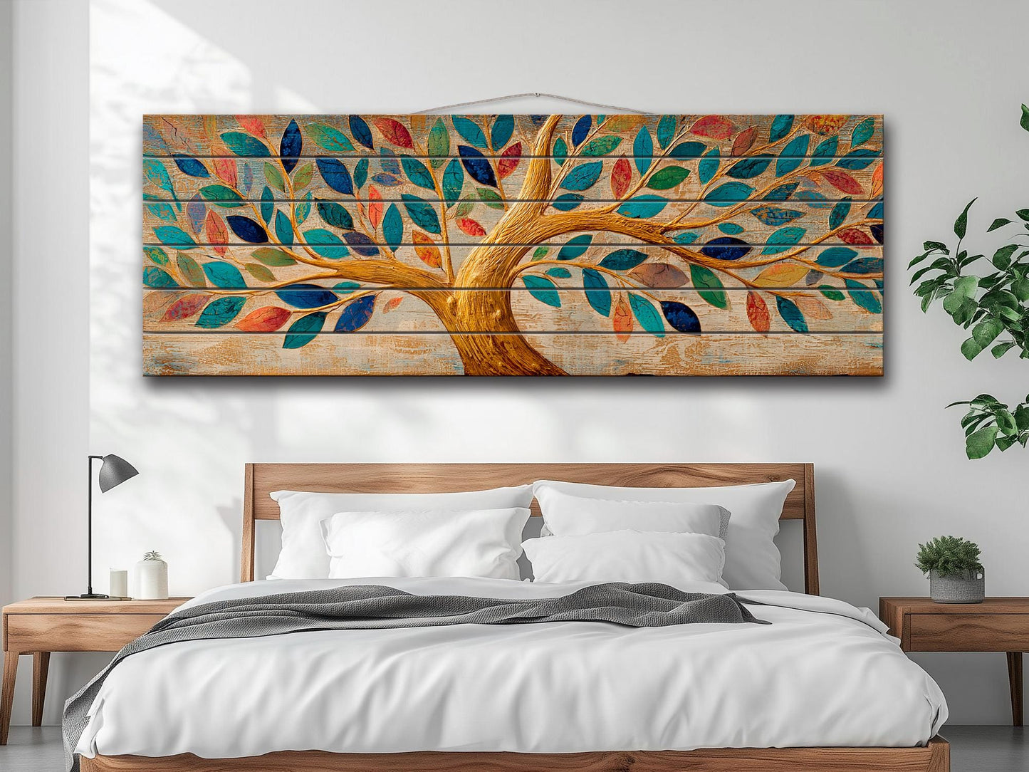 Tree of Life Wall Art - Handcrafted Wood Wall Decor with Colorful Rustic Tree Print