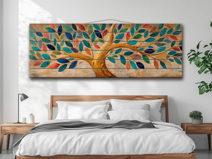 Tree of Life Wall Art - Handcrafted Wood Wall Decor with Colorful Rustic Tree Print