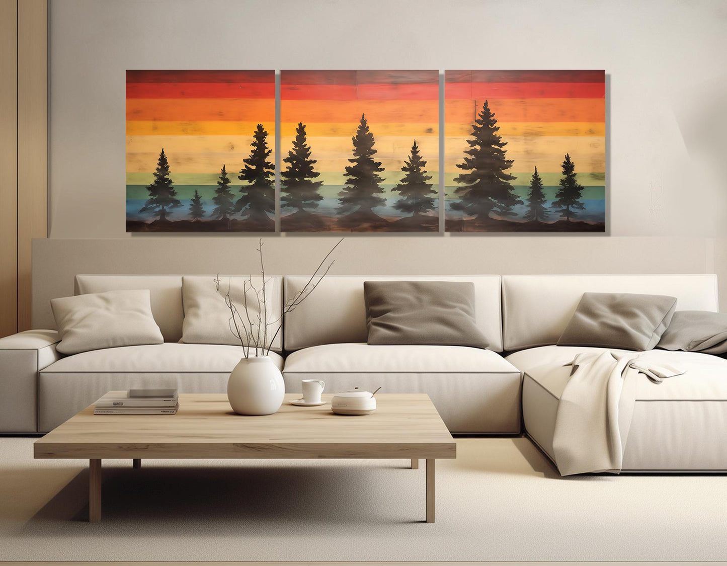 Rainbow Sunset Canvas Print – Retro Style Pine Trees Wall Art, Ready to Hang