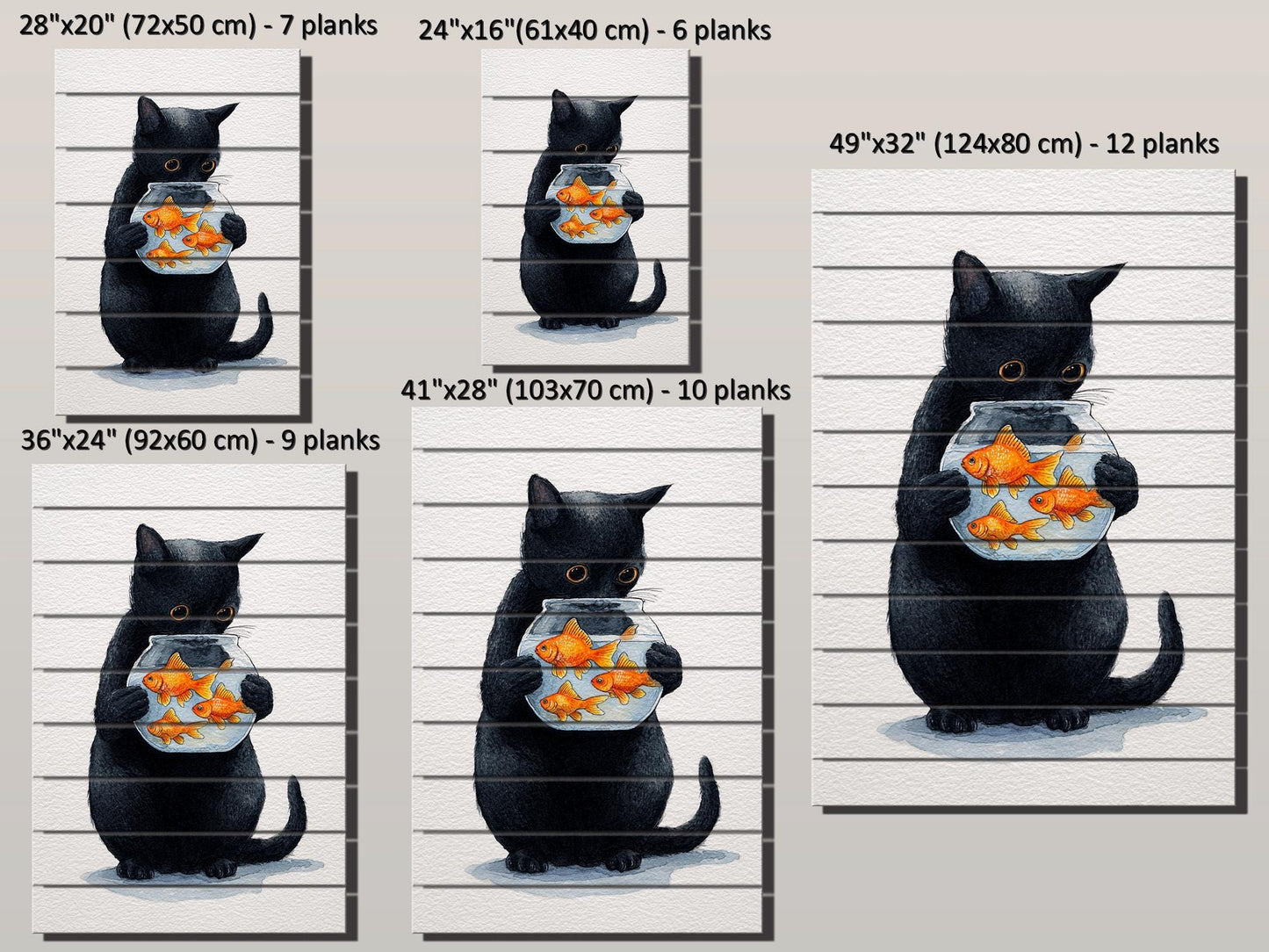 Black Cat Wall Art – Minimalist Wood Print on Natural Plank with Goldfish