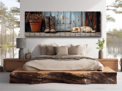 Wood Wall Art – Sleeping Dog Print on Natural Wood Plank | Rustic Farmhouse Decor