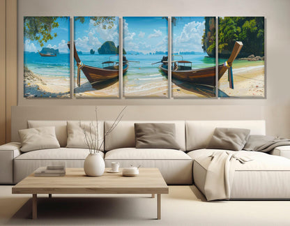 Tropical Beach Canvas Print – Large Boats on Beach Painting | Ready to Hang Art