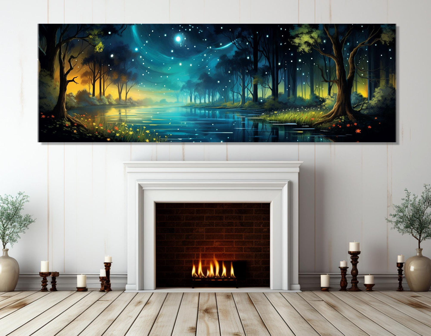 Fantasy Forest Canvas Print - Night Forest Painting With Fireflies, Ready To Hang