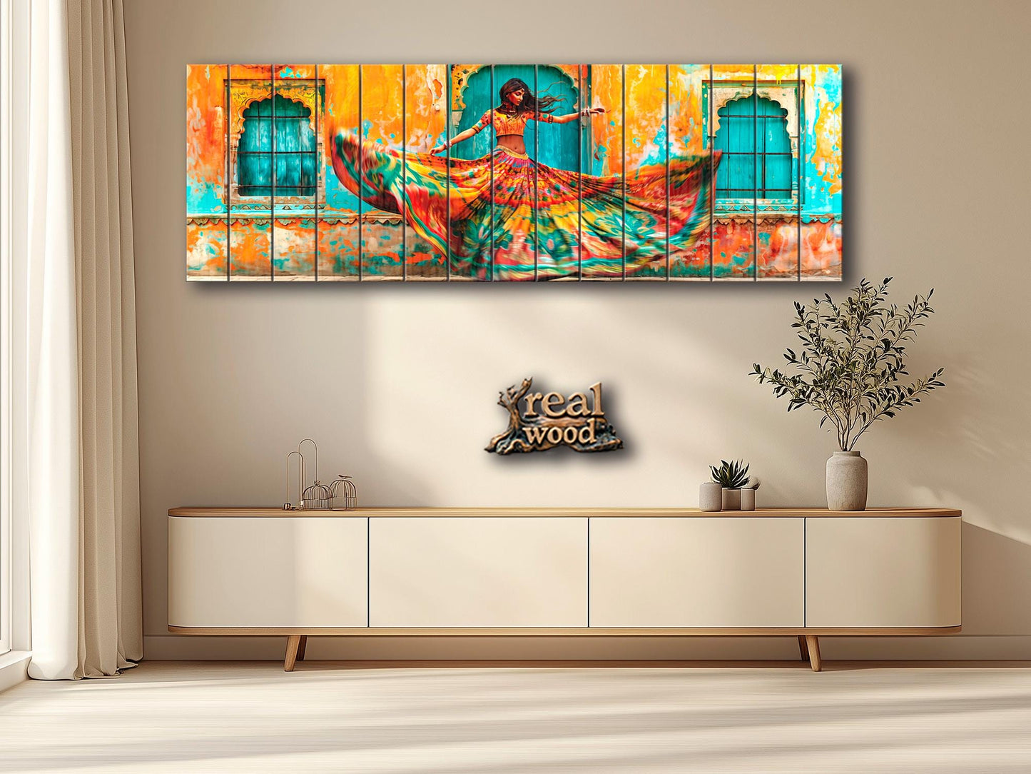 Wood Wall Art - Large Rajasthan Wall Art With Indian Woman Print On Wood Panel