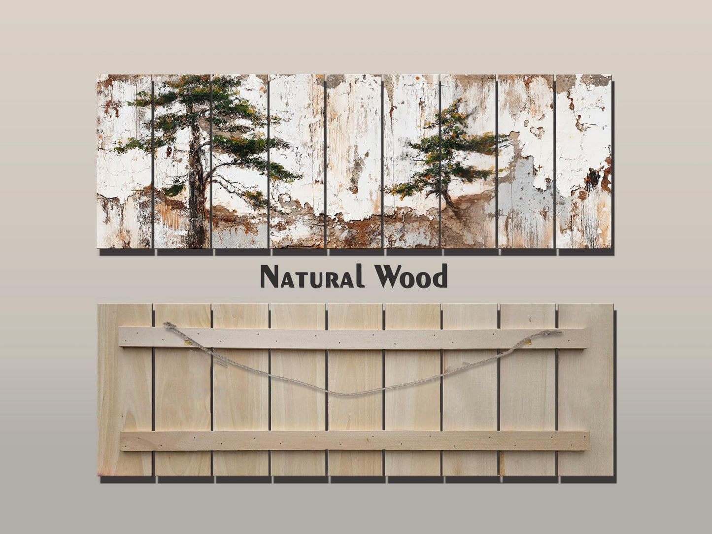 Wabi Sabi Wood Art – Rustic Wall Art with Pine Trees on Textured Wood Panel