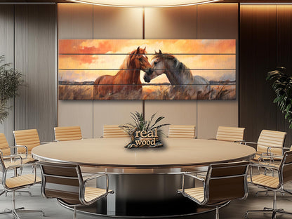 Wood Wall Art – Romantic Horse Couple Painting | Large Wooden Poster Decor