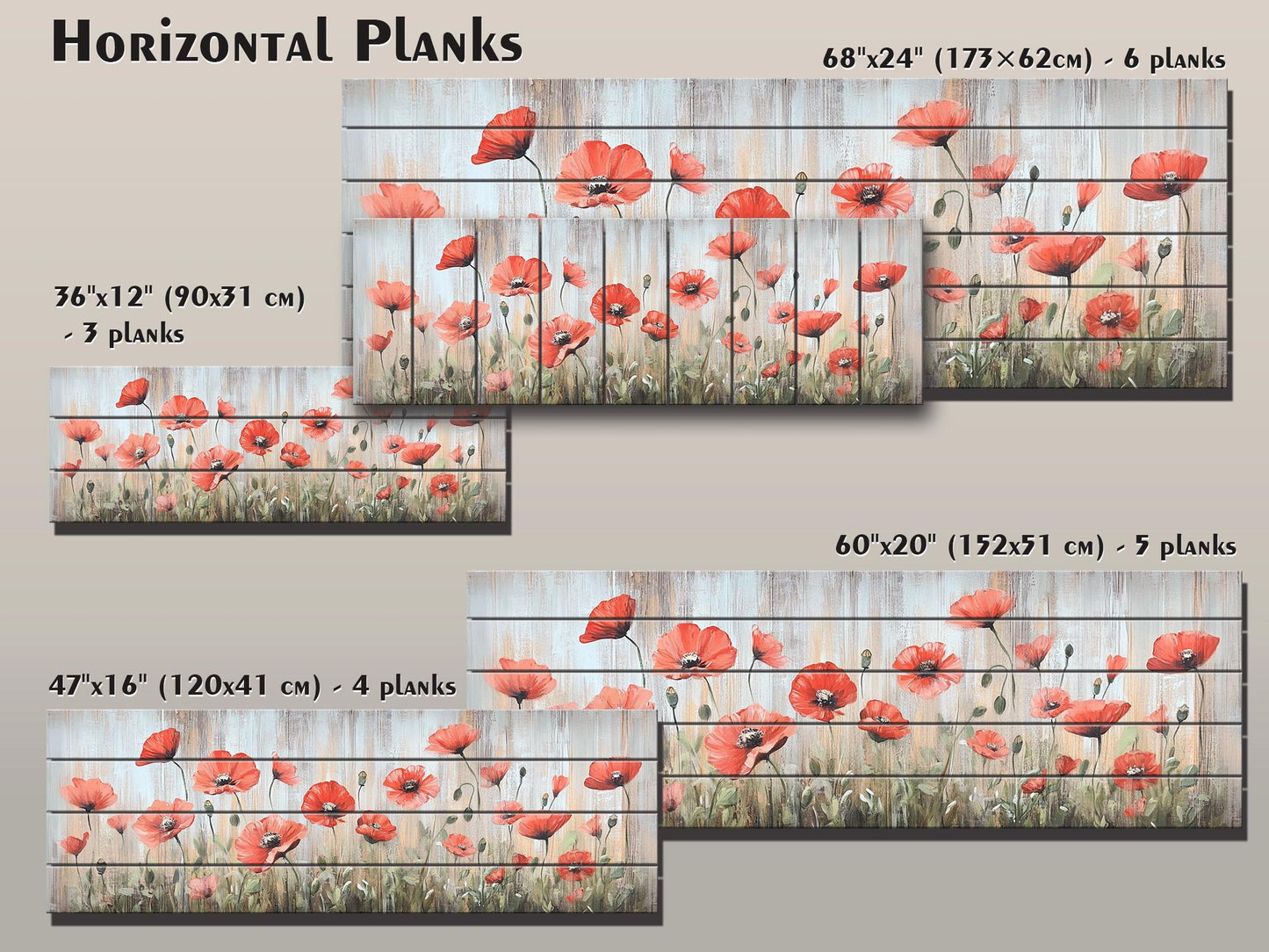 Wood Wall Art – Whimsical Field of Wild Poppies Dancing in the Breeze, Poppies Wall Art, Rustic Floral Wall Decor