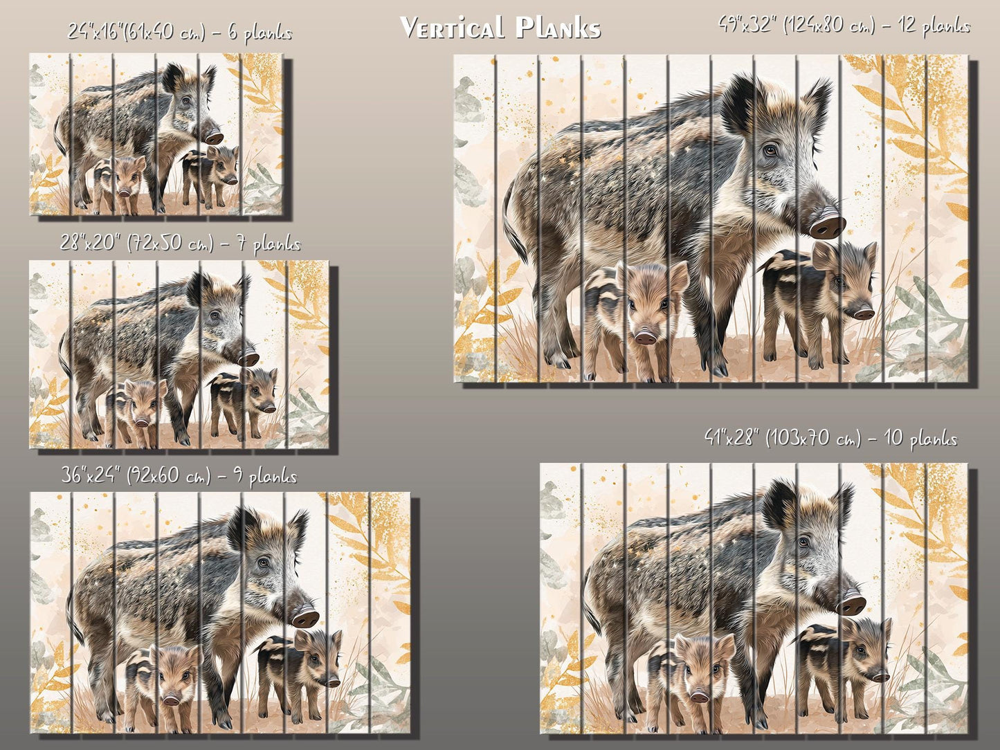 Cute Wild Boar Family Kids Print on Wood – Animal  Wall Art