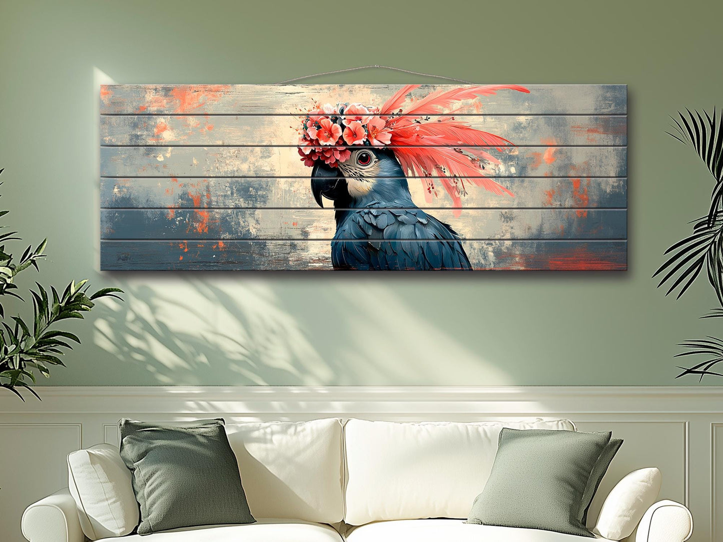 Wooden Wall Art - Abstract Parrot Painting on Natural Wood Planks | Rustic Tropical Bird Decor