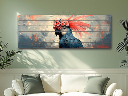 Wooden Wall Art - Abstract Parrot Painting on Natural Wood Planks | Rustic Tropical Bird Decor