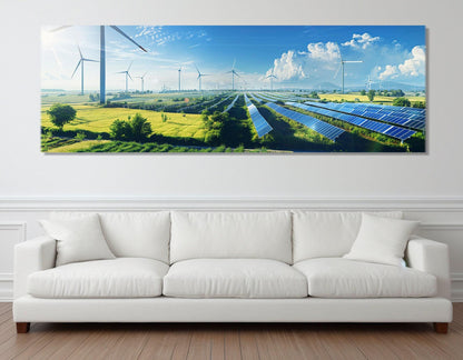 Renewable Energy Wall Art – Wind Turbine Canvas & Solar Panel Print on Gallery Wrapped Canvas