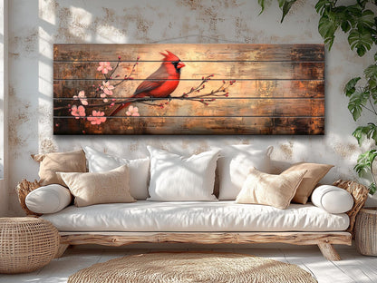Cardinal Wood Wall Art – Rustic Red Cardinal Painting on Natural Wood Print