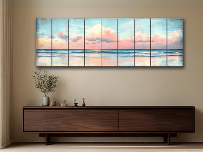 Wood Wall Art – Dreamy Pastel Skyline with Cotton Candy Clouds over Ocean Print on Natural Wood, Rustic Sea Beach Painting, Soft Tones Art