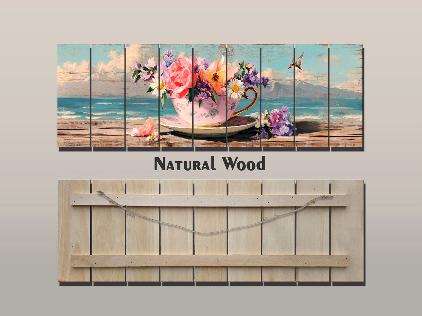 Wood Wall Art – Vintage Floral Teacup Print | Coastal View Artwork on Natural Wood