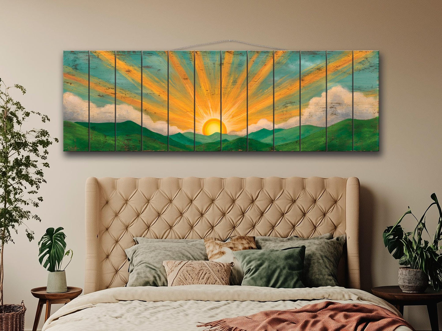 Boho Rustic Wood Print – Rolling Hills Wall Art | Warm Tones Rustic Wall Decor