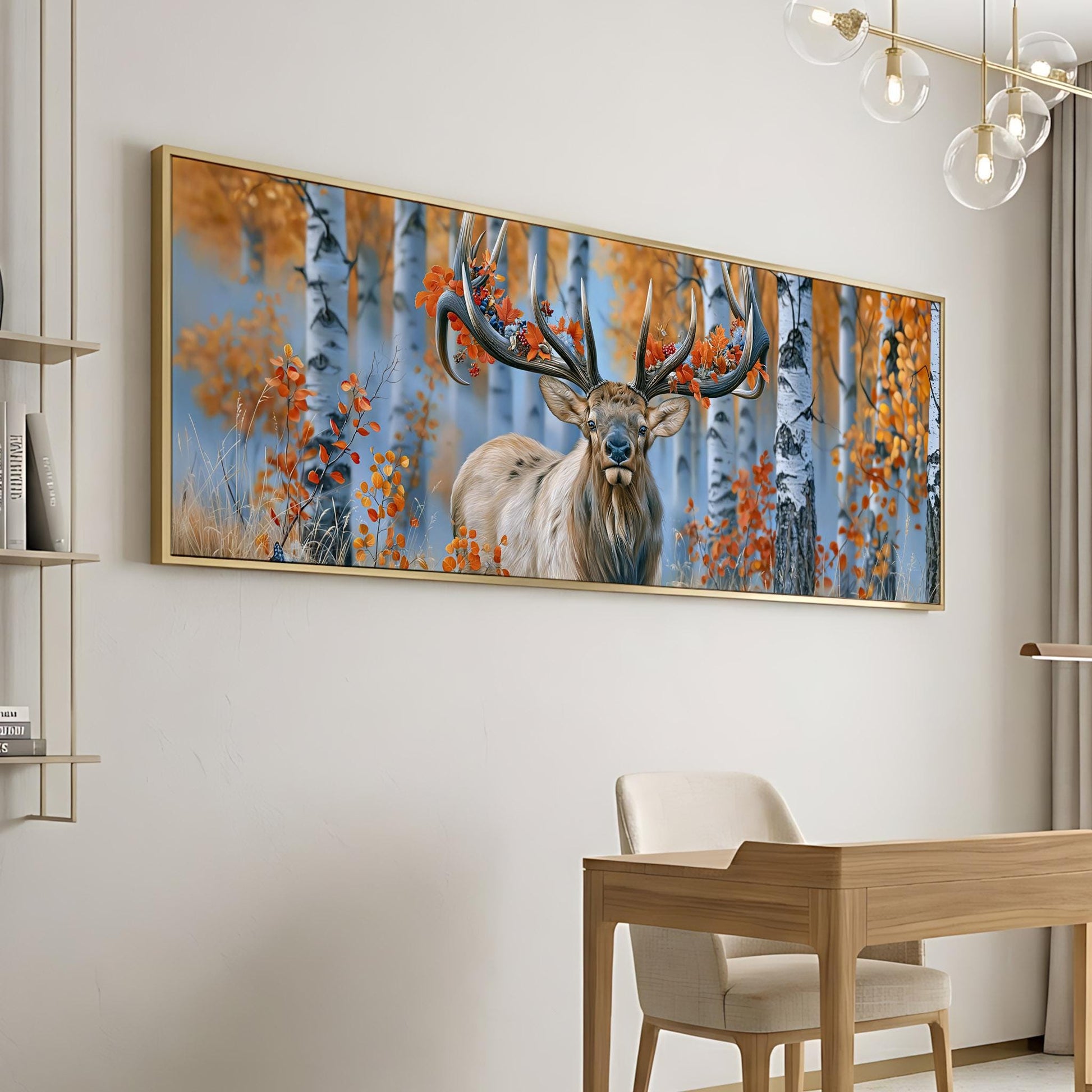 a large framed painting of a deer with antlers, set against a background of trees with orange leaves, hanging on a wall in a room with a wooden desk and chair.