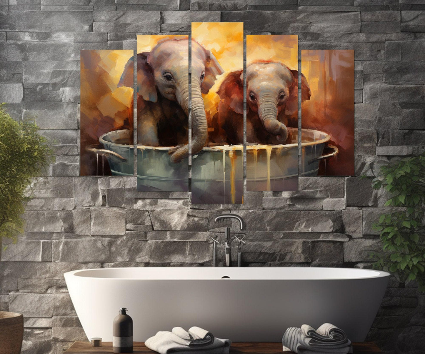 Cute Elephants in the Bathtub Canvas Print, Bathroom Wall Decor, Framed and Ready to Hang