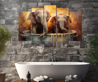 Cute Elephants in the Bathtub Canvas Print, Bathroom Wall Decor, Framed and Ready to Hang
