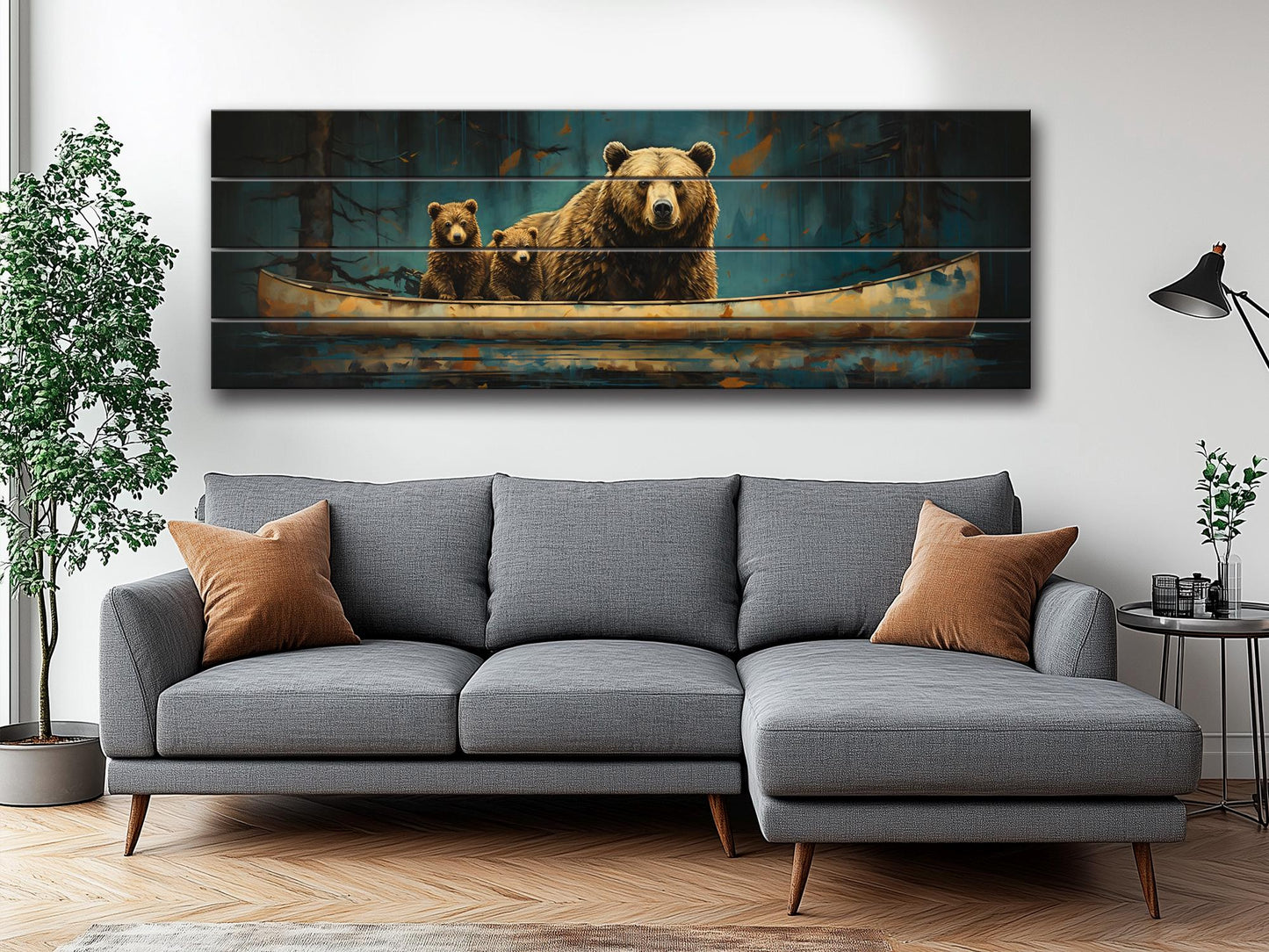 Grizzly Bear Wall Art – Rustic Wood Plank Print with Bear Family Nature Decor