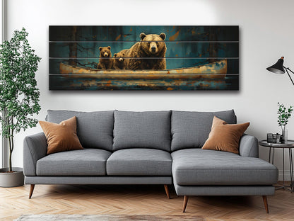 Grizzly Bear Wall Art – Rustic Wood Plank Print with Bear Family Nature Decor