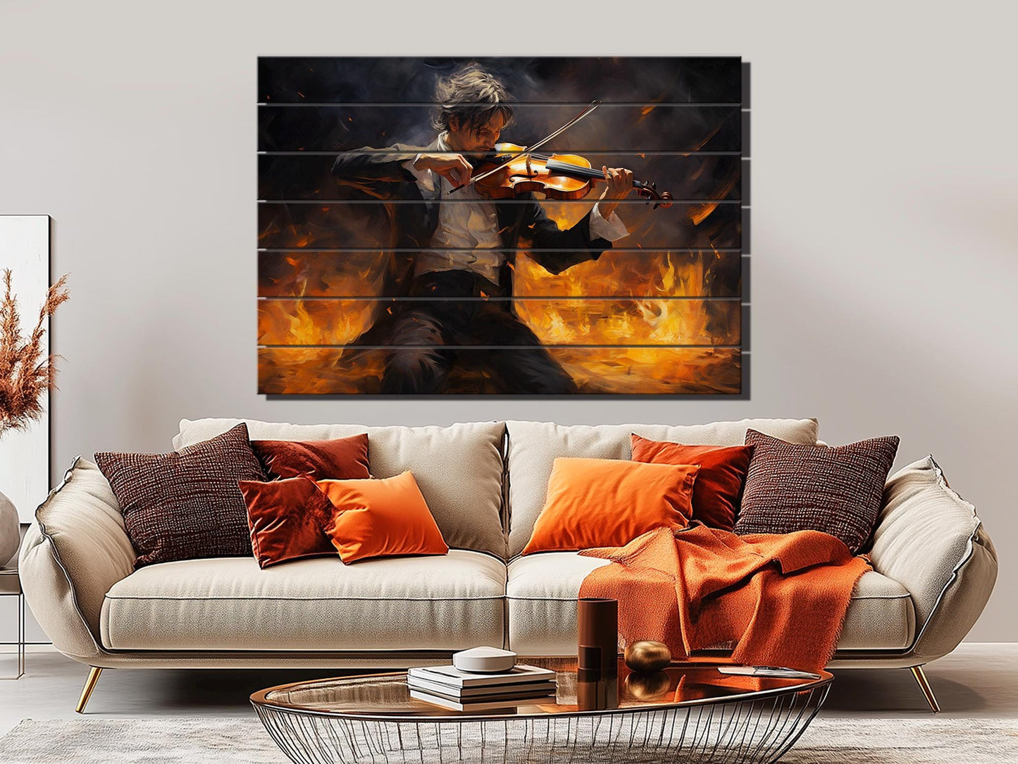 Violin Wall Art – Abstract Violinist Painting on Natural Wood Plank Art