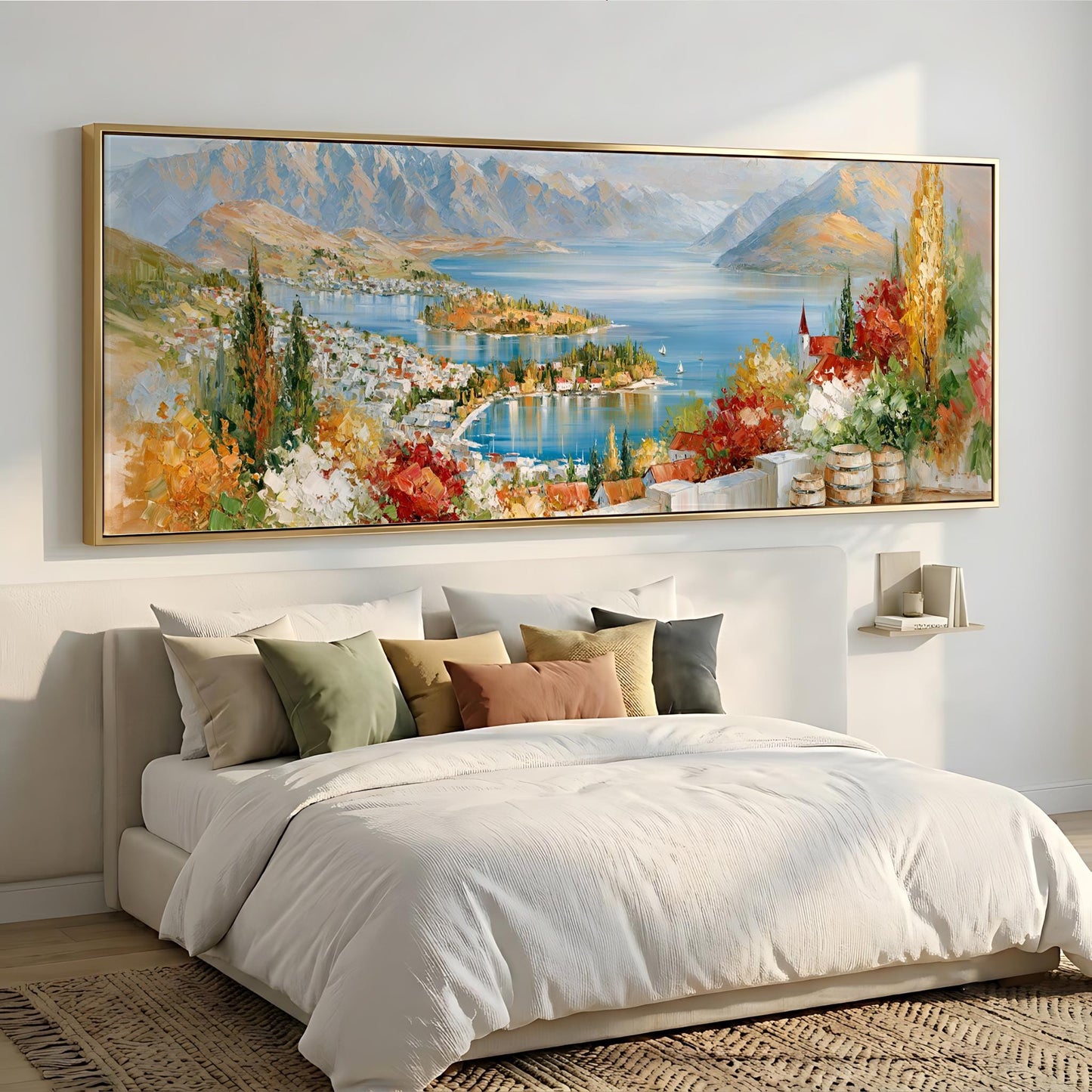 a large, colorful painting of a scenic landscape hanging on a wall above a bed with white bedding.