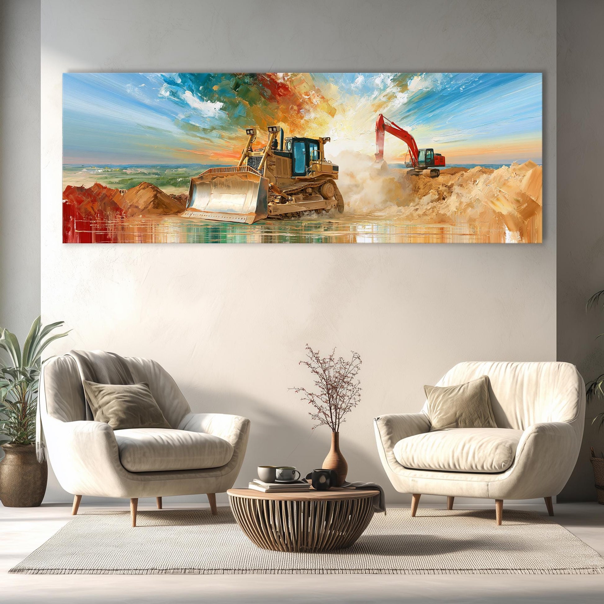 a large painting of a bulldozer on a construction site, with a serene landscape in the background.