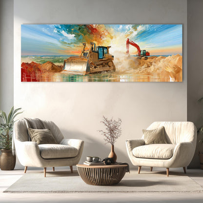 a large painting of a bulldozer on a construction site, with a serene landscape in the background.
