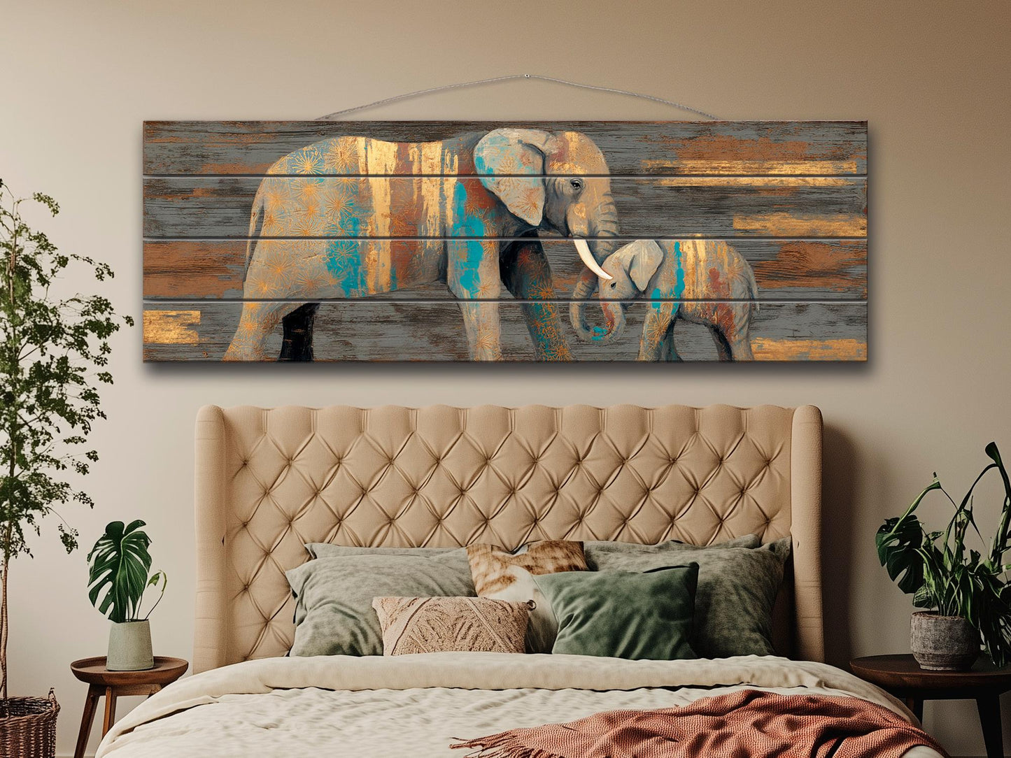 Wood Wall Art - Mother Elephant with Her Calf Print on Natural Wood, Elephants Wall Art, Rustic Elephants Painting, Country Wall Art