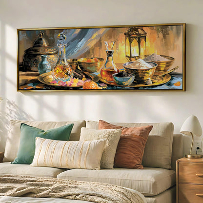 a large painting of various objects, including bottles, bowls, and a lamp, displayed on a wall above a bed with pillows.
