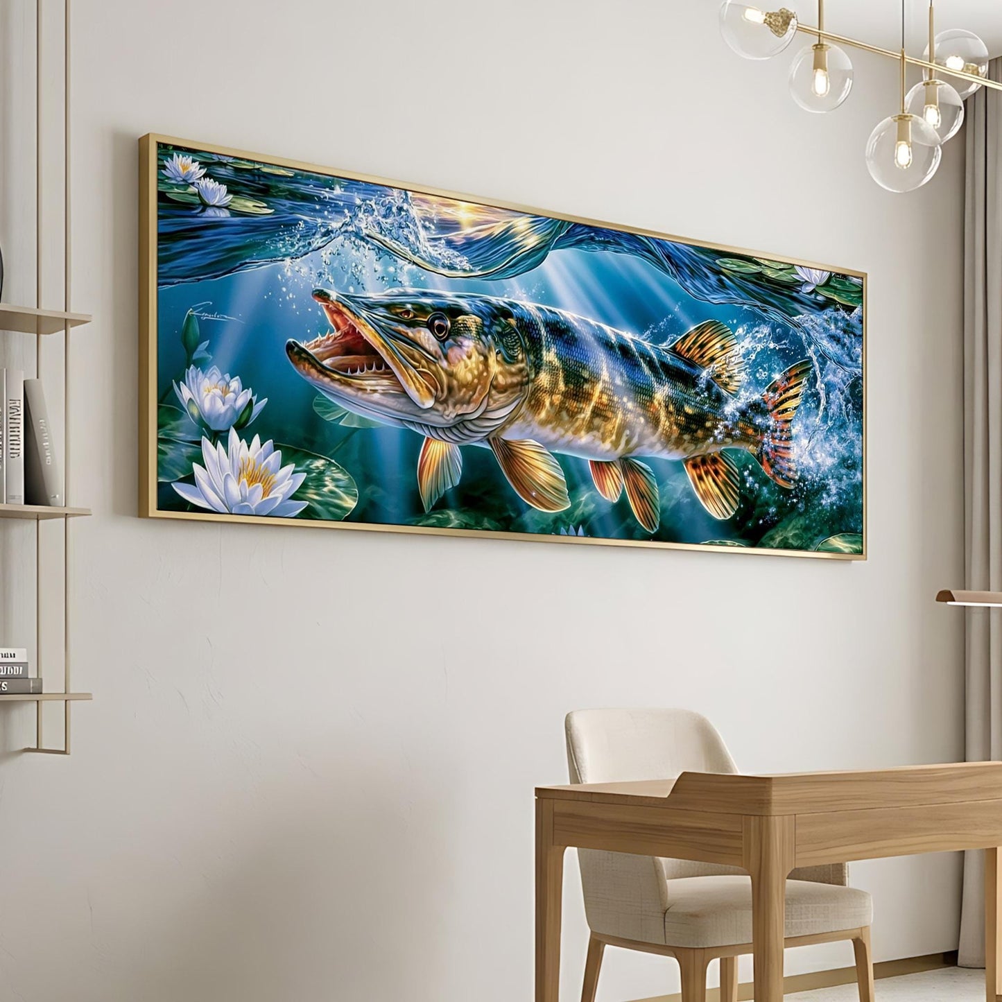 a large, framed painting of a fish swimming in a blue and green underwater scene, with water splashing around it.