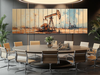 Wood Wall Art - Rustic Oil Well Print on Real Wood, Oil Industry Wall Art