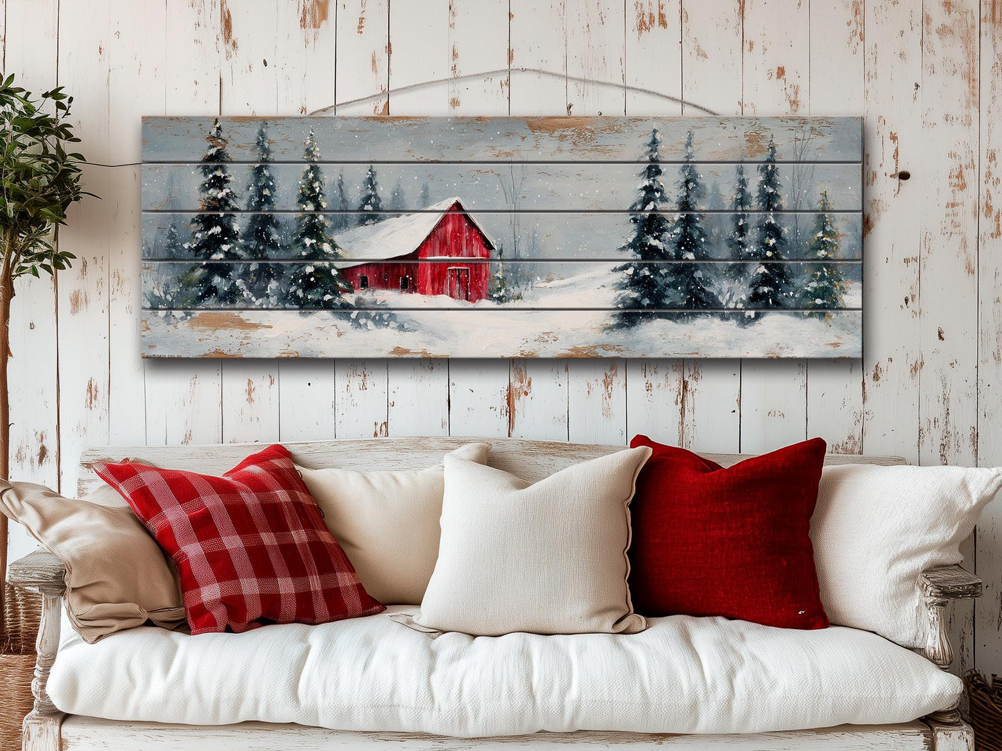 Peaceful Snowy Landscape with Red Barn and Pine Trees Print on Natural Wood, Rustic Cabin Wall Decor, Winter Forest Wall Art, Wood Wall Art