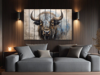 Rustic Wood Wall Art – Bison Abstract Painting on Wooden Planks | Farmhouse Decor