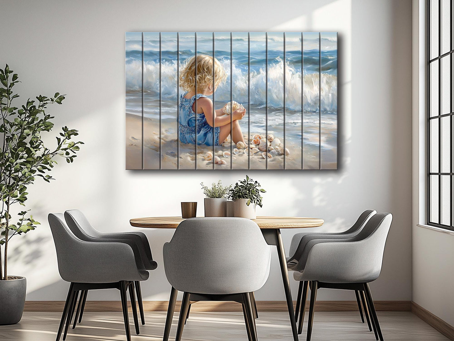 Wood Wall Art – Abstract Beach Wall Decor With Kid Playing on Wood Print