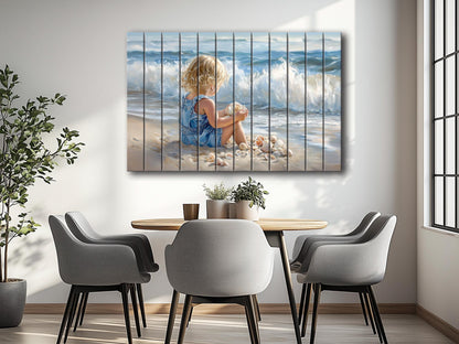 Wood Wall Art – Abstract Beach Wall Decor With Kid Playing on Wood Print