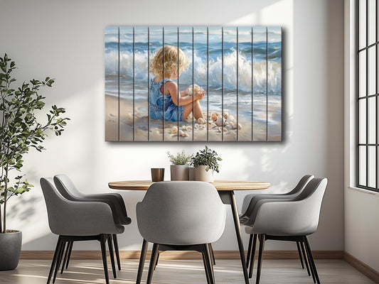 Wood Wall Art – Abstract Beach Wall Decor With Kid Playing on Wood Print