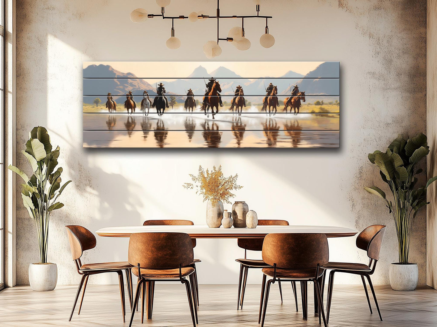 Retro Style Cowboys on Horses Print On Natural Wood -Wild West Wall Art