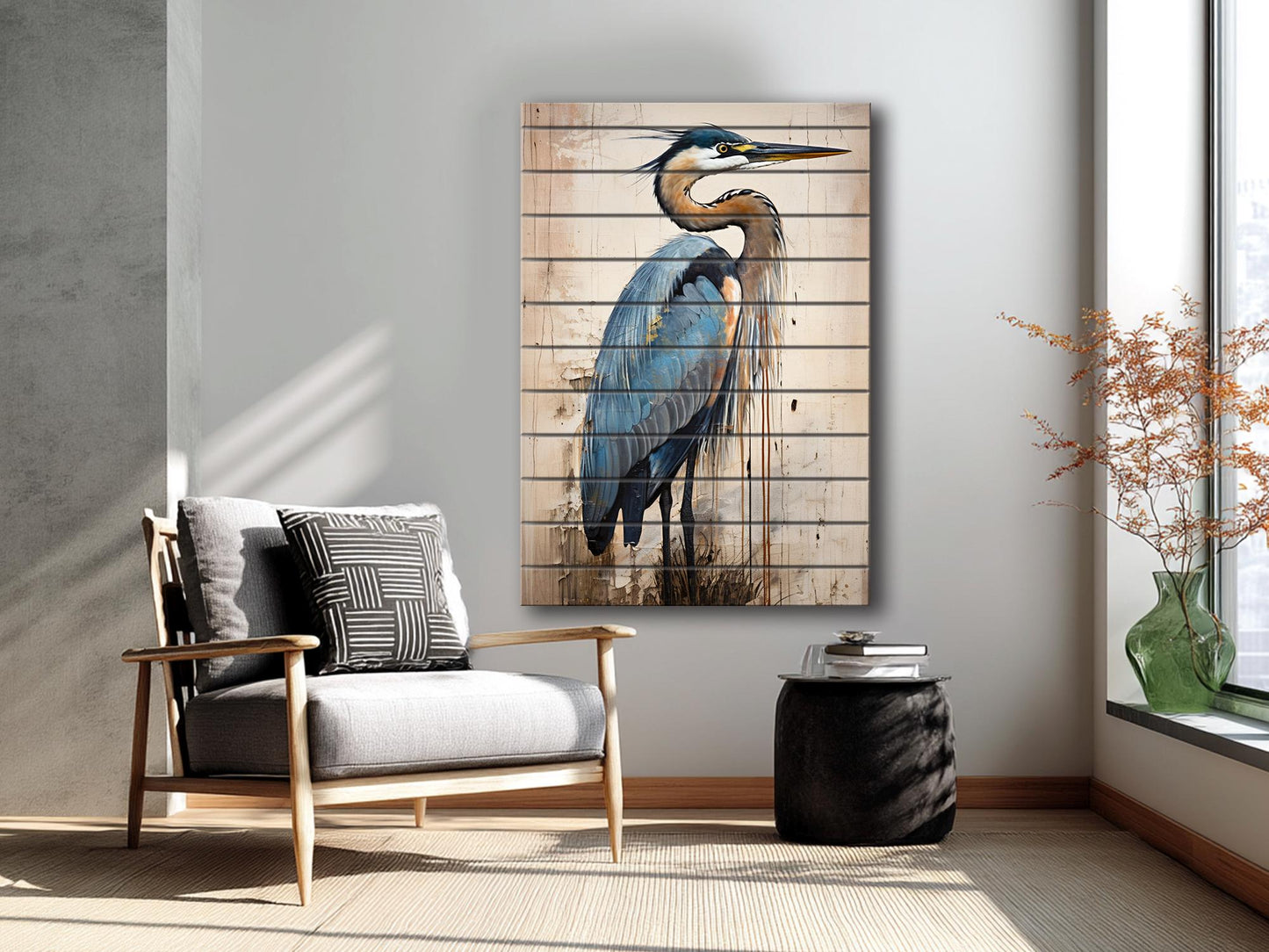 Heron Print on Natural Wood – Oil Painting Style Rustic Cabin Wall Art