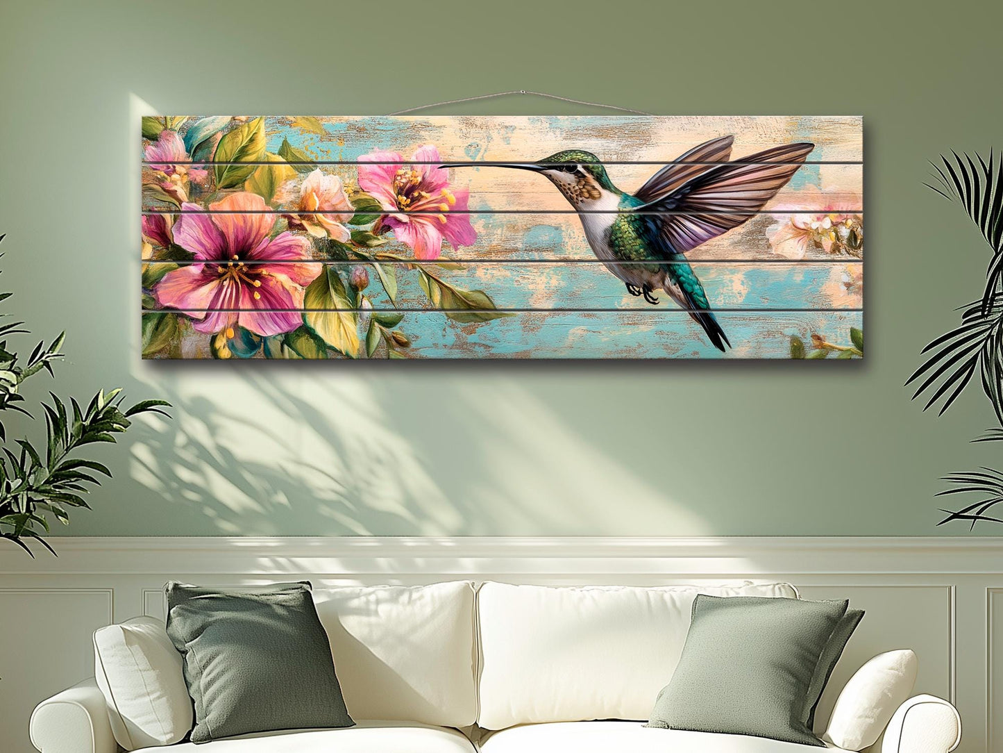 Hummingbird Wood Art – Tropical Floral Print | Rustic Wood Wall Decor, Ready to Hang