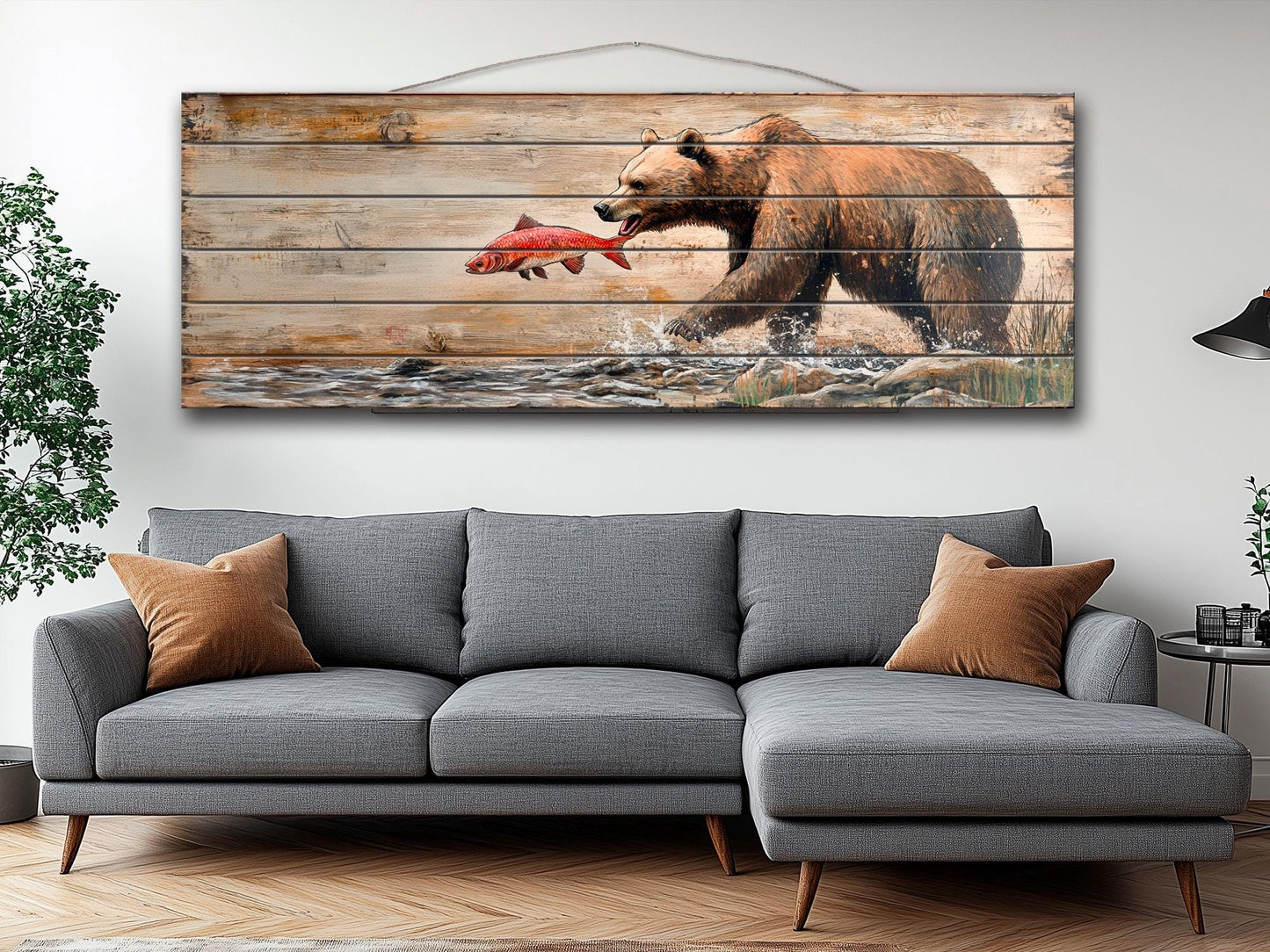 Rustic Wood Wall Art – Grizzly Bear Print on Linden Wood Planks | Natural Wildlife Decor