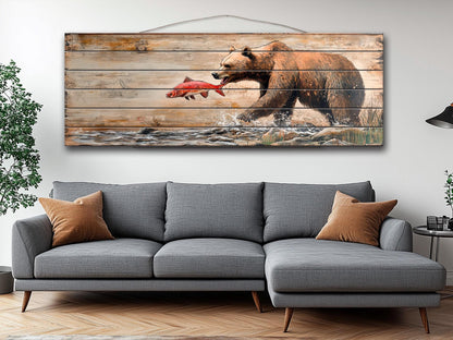 Rustic Wood Wall Art – Grizzly Bear Print on Linden Wood Planks | Natural Wildlife Decor