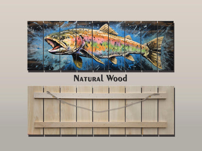 Rainbow Trout Wall Art - Rustic Wood Plank Painting | Fishing Lodge Decor
