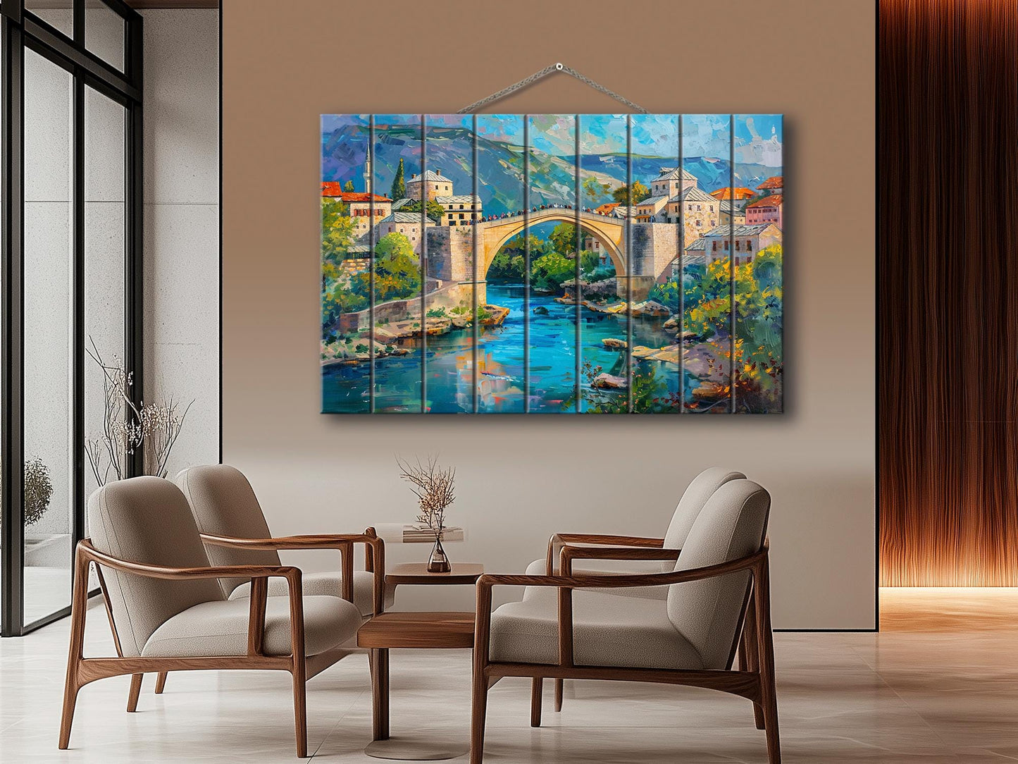 Bosnia Old Bridge Print on Wood, Rustic Mostar Bridge Painting, Bosnia and Herzegovina Wall Art, Bosnia Bridge Wood Print, Wood Wall Art