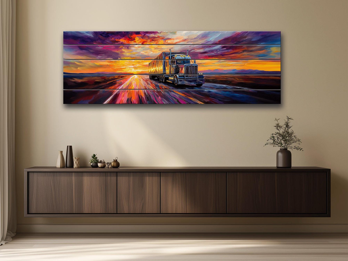 Truck on Highway Print On Natural Wood - Logistics Wall Art