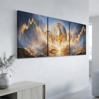 The image is a triptych of artwork depicting a fantastical landscape with a central golden triangle symbol surrounded by a fiery, mountainous terrain.