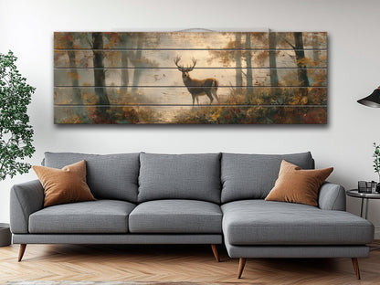 Rustic Wood Wall Art - Majestic Deer in a Misty Enchanted Forest Print on Natural Wood, Soft Tones Deer Wall Art, Hunting Cabin Wall Decor