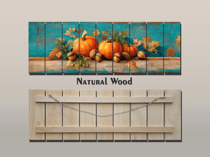 Wood Wall Art - Rustic Scene with Pumpkins, Leaves, and Acorns Print on Natural Wood, Farmhouse Wall Decor, Cozy Cabin Wall Art, Farm Decor