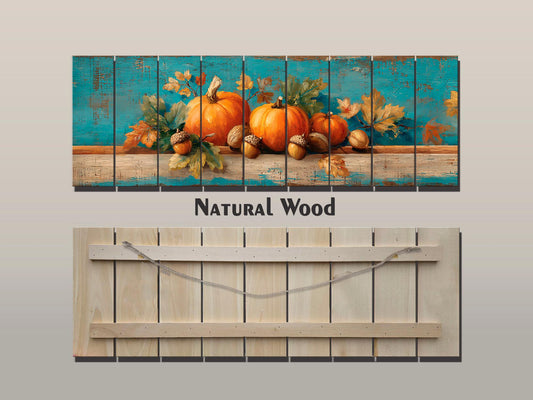 Wood Wall Art - Rustic Scene with Pumpkins, Leaves, and Acorns Print on Natural Wood, Farmhouse Wall Decor, Cozy Cabin Wall Art, Farm Decor